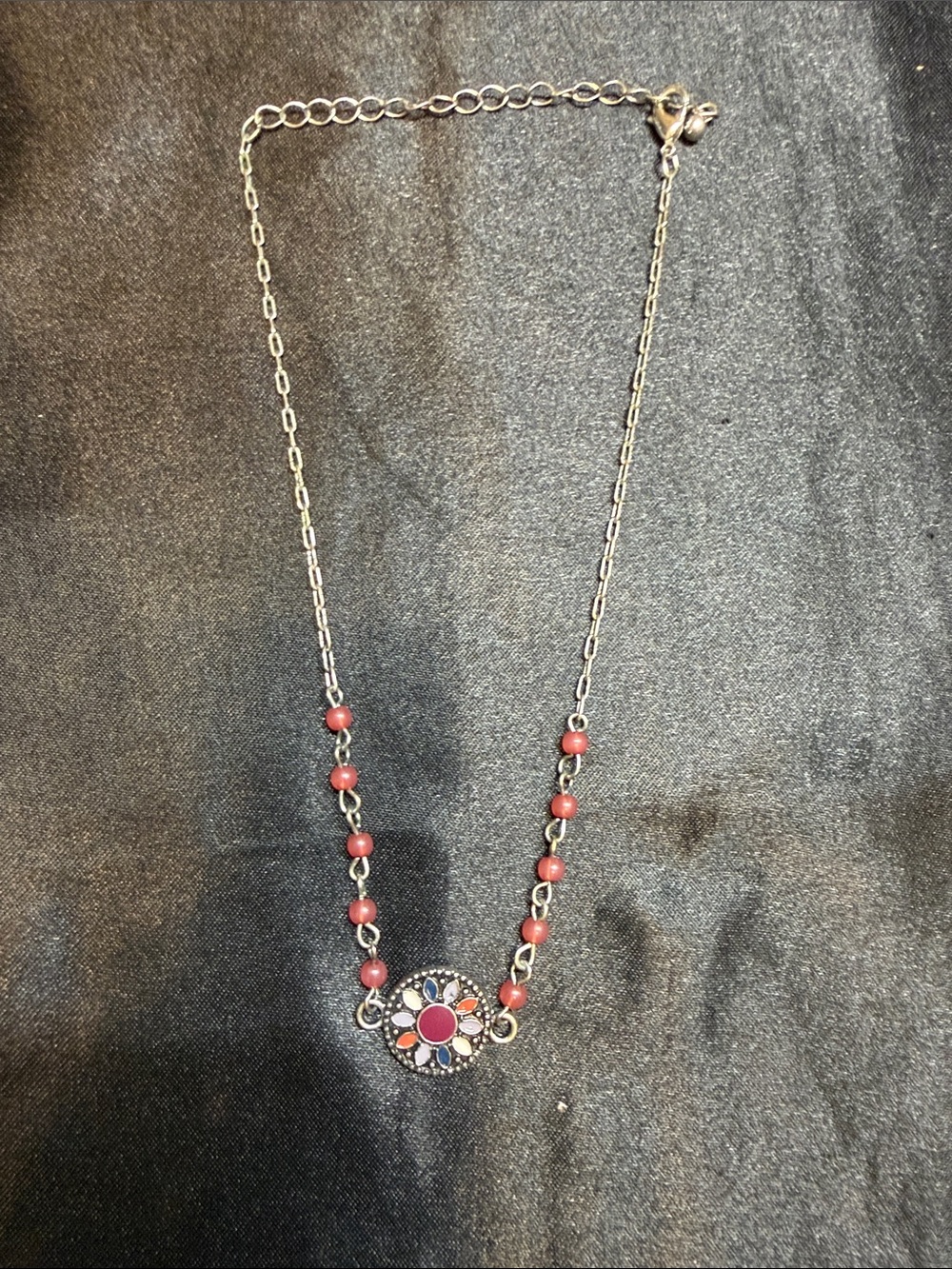 Silver Floral Pendant Necklace with maroon Beads